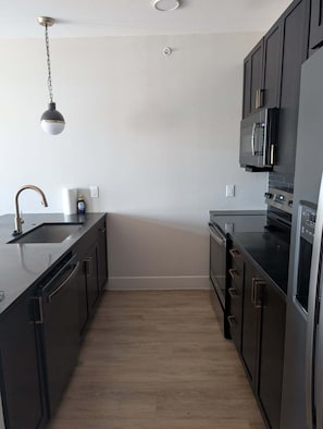 Una cocina moderna con armarios oscuros, un lavamanos de acero inoxidable, un microondas y un lavavajillas.