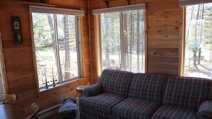 A cabin interior with a plaid sofa, wooden walls, and large windows offering a view of the forest.