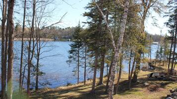 A lakeside cabin with a dock, surrounded by trees and a clear view of the lake.