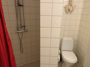 Un baño con ducha, inodoro y un modelo anatómico en la pared.