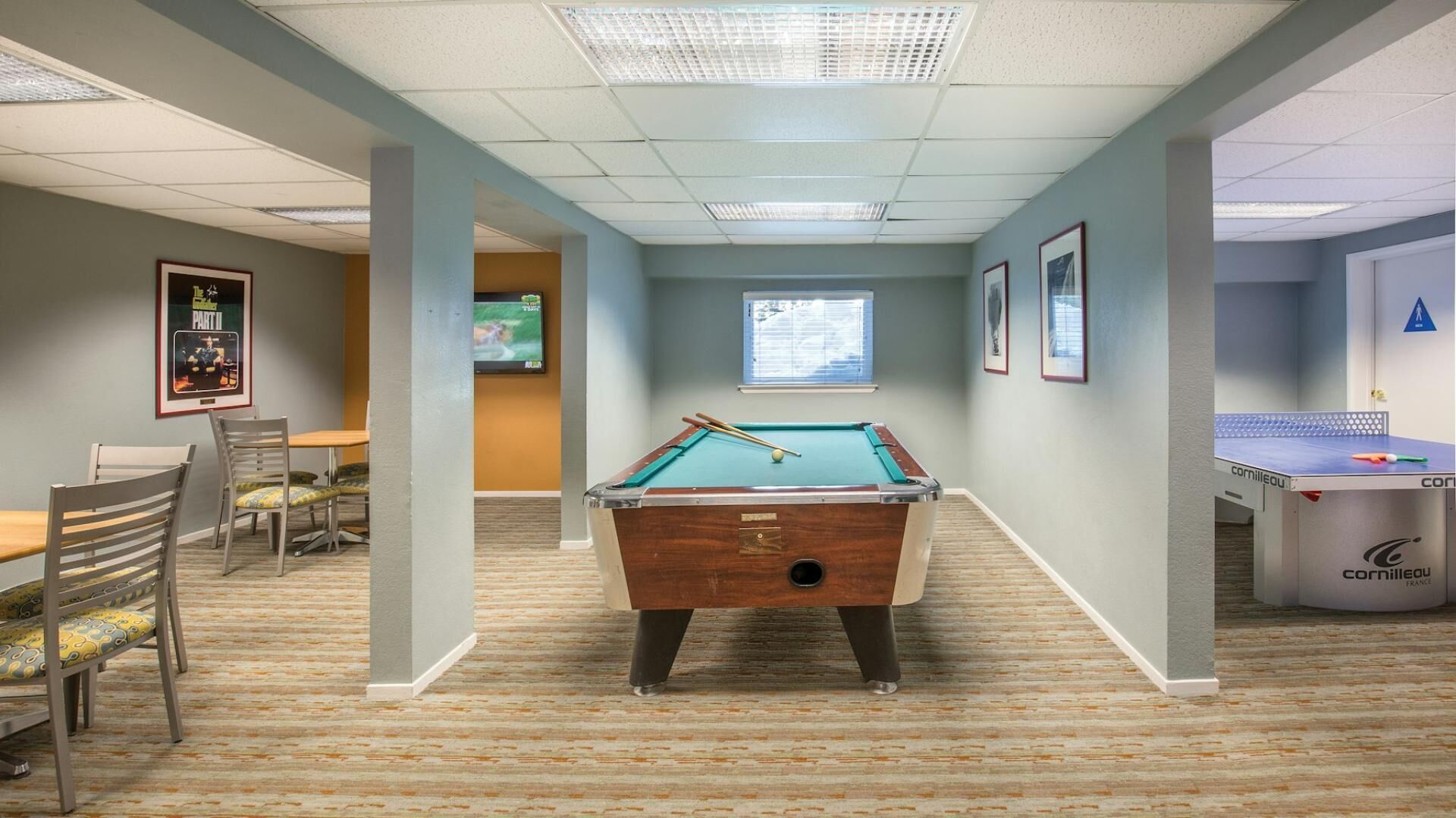 A pool table in a room with a carpeted floor, chairs, a television, and framed pictures on the walls.