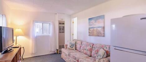 A room with a sofa, a television, a lamp, a refrigerator, and a painting on the wall.