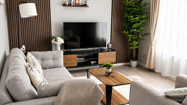 Una sala moderna con sofá, mesa de centro, televisor y plantas decorativas.