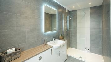 Shower, hair dryer, towels