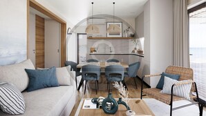 A modern living room with a sofa, chairs, a dining table, and a wicker chair. - Luxurious home in Seget Vranjica with sauna (Seget Vranjica)
