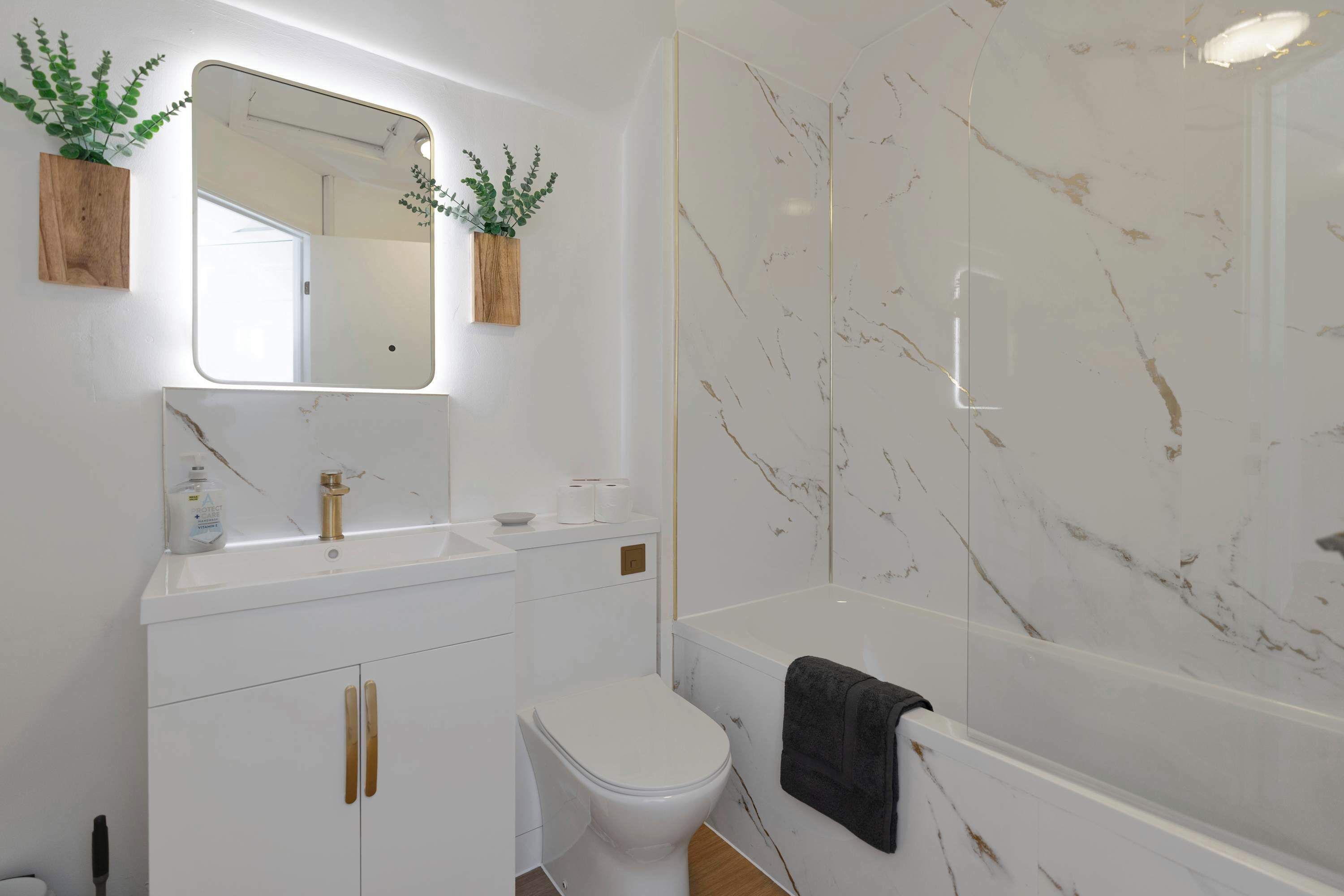 Shower, hair dryer, shampoo