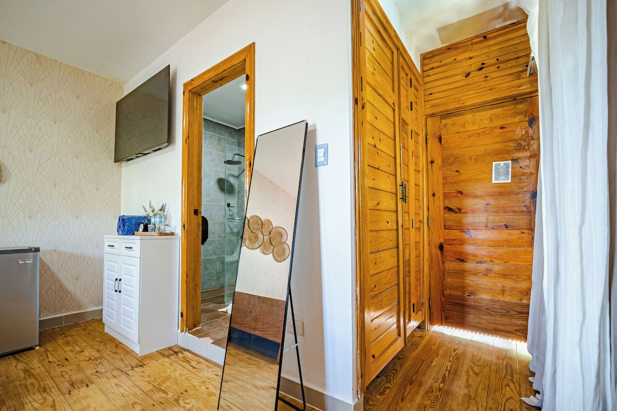 Quarto com piso de madeira, um armário branco, um espelho e uma porta de madeira.