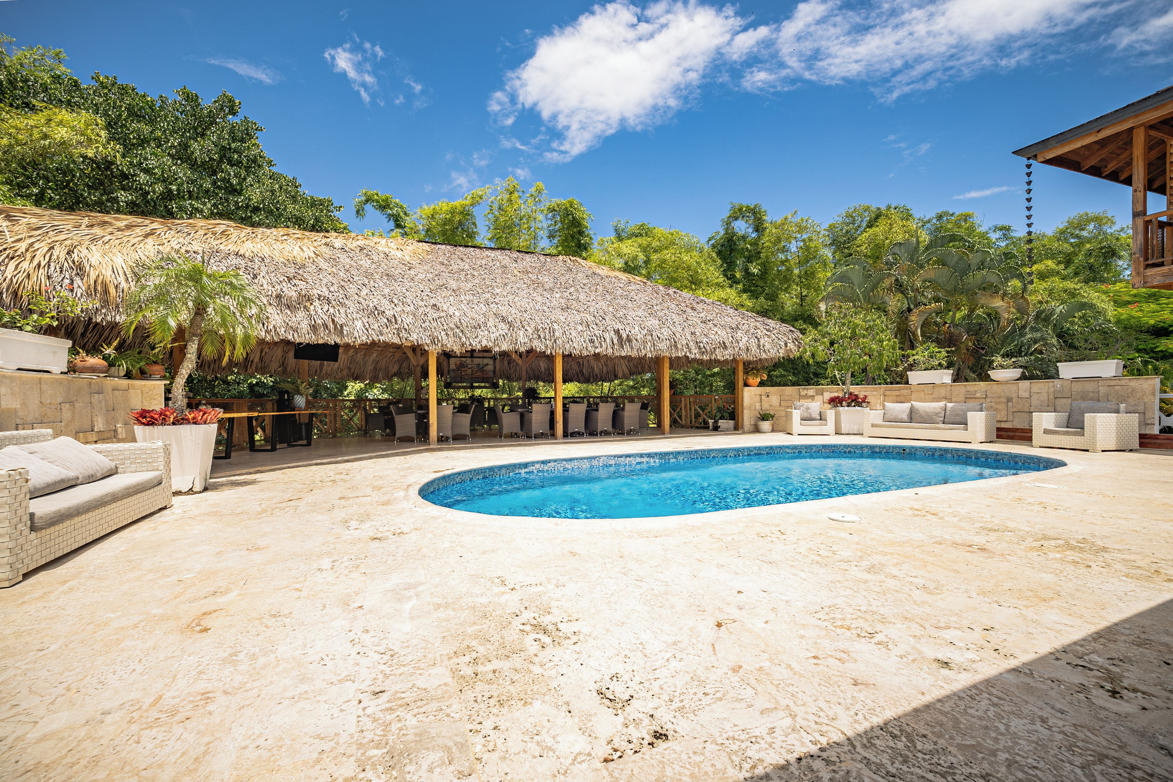 A swimming pool with a thatched-roof structure, lounge chairs, and potted plants.