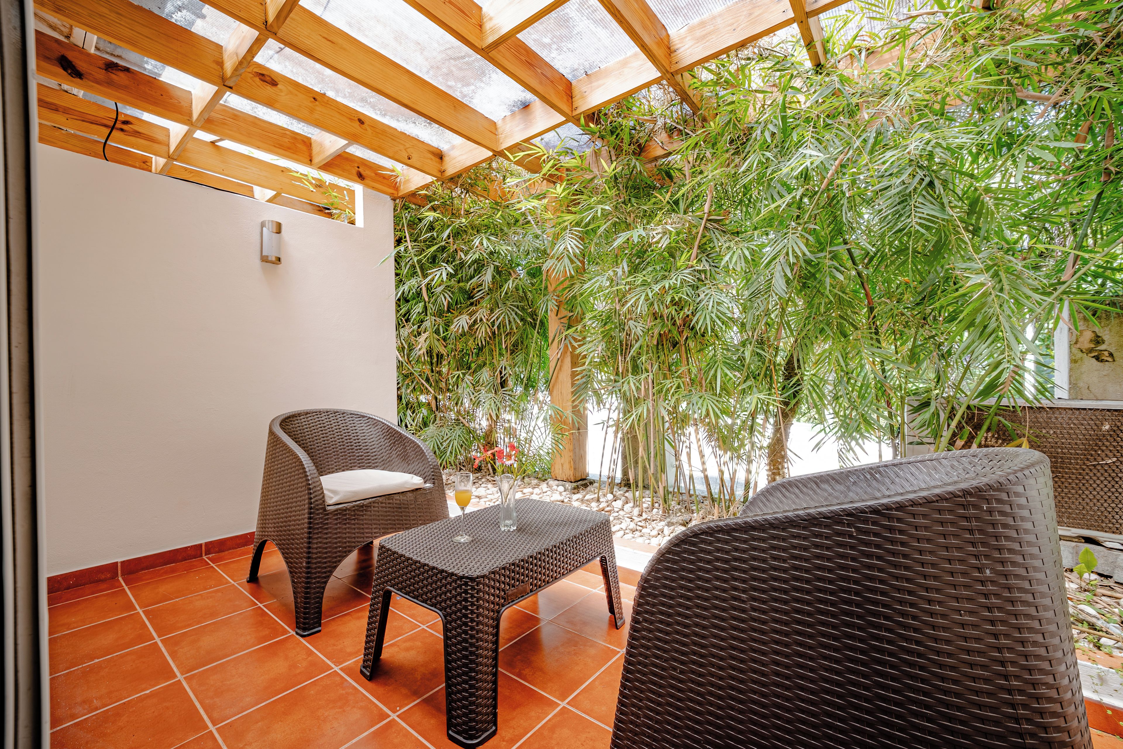 Un patio exterior con mobiliario de mimbre, una pérgola y abundante follaje.