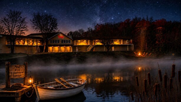 A lakeside lodge with a boat docked at the pier, surrounded by trees and a starry night sky.