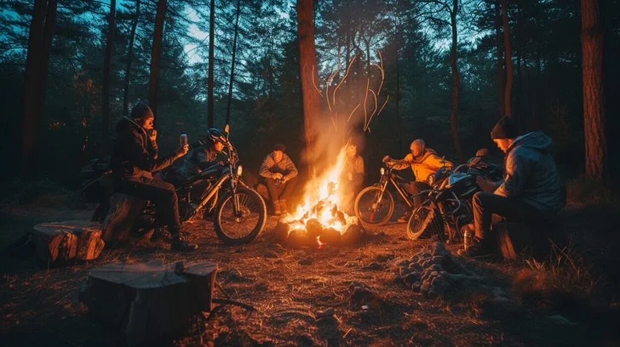 A group of people sitting around a campfire in a forest.
