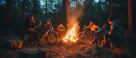 A group of people sitting around a campfire in a forest.