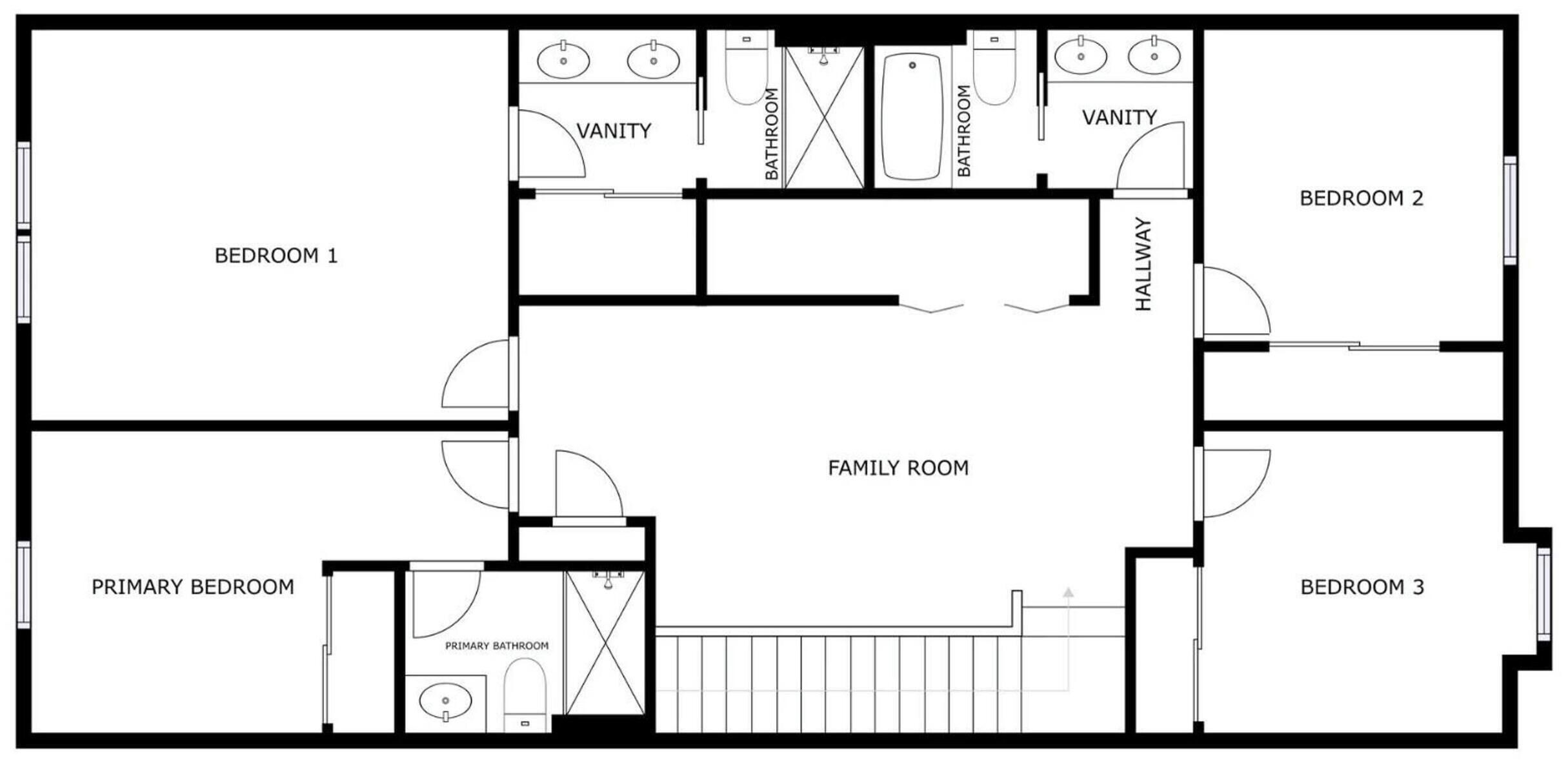 A floor plan with a primary bedroom, two bathrooms, a family room, a hallway, and three bedrooms.