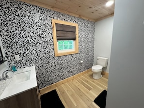 Ducha, secador de pelo, toallas y papel higiénico
