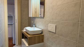 Shower, hair dryer, bidet, towels
