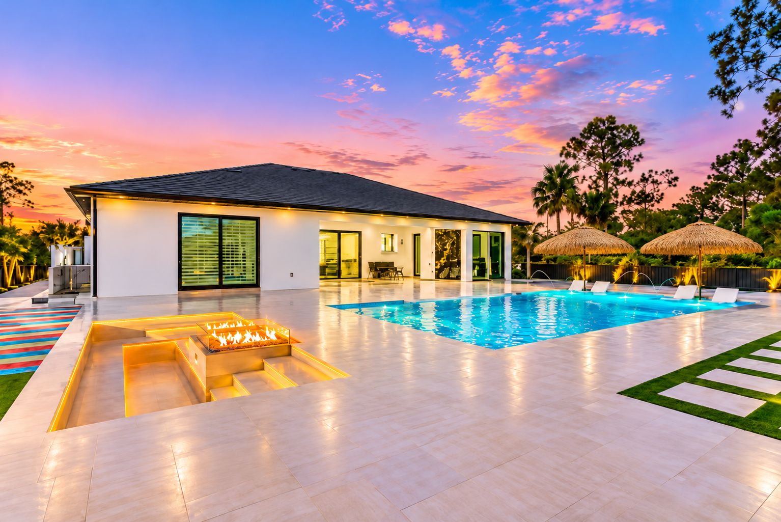 A modern house with a swimming pool, outdoor seating, and a fire feature.