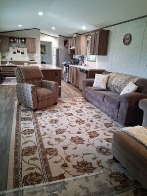 A living room with a sofa, armchair, and a patterned rug.