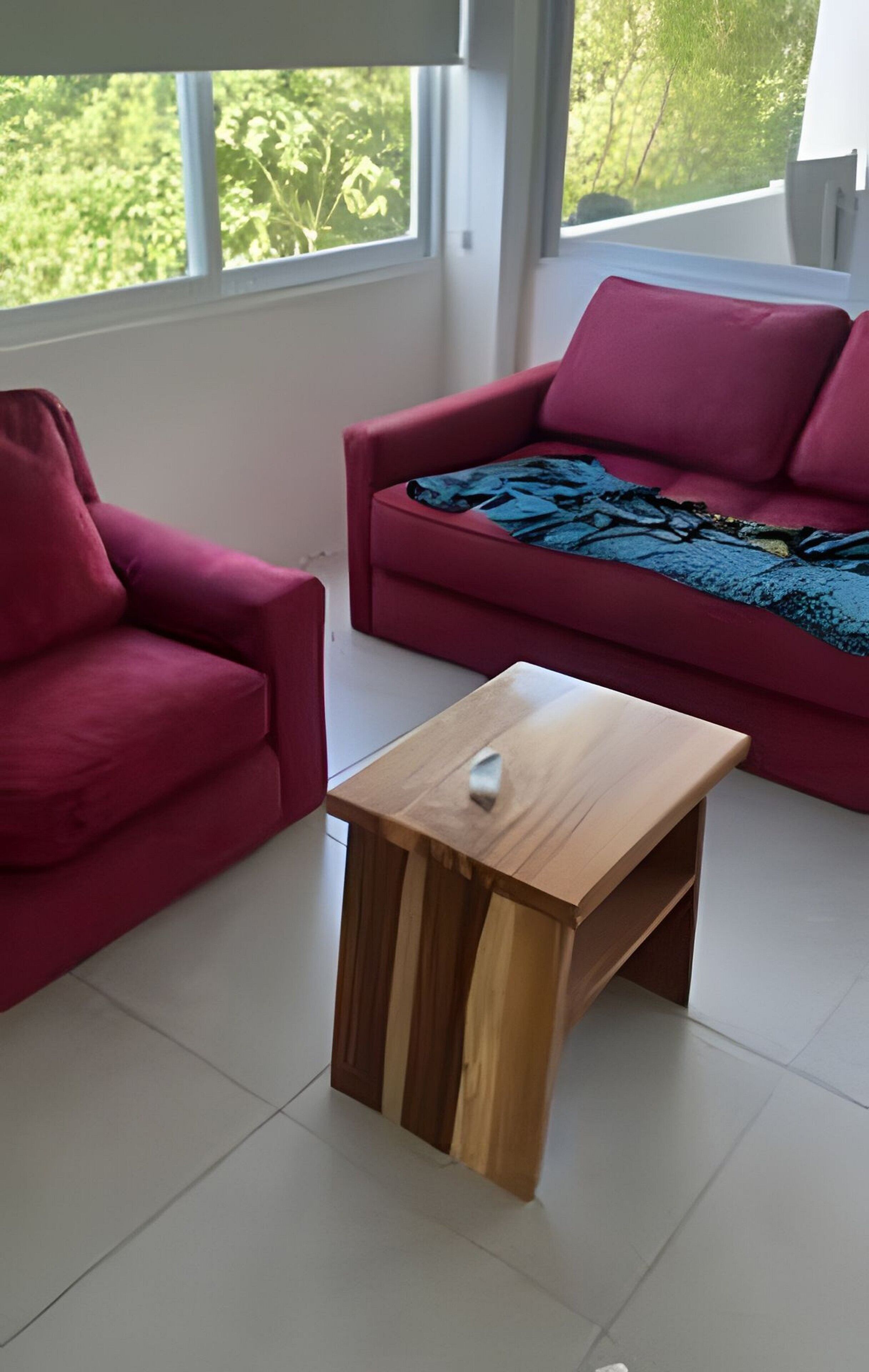 Una sala de estar moderna con un sofá rojo, una mesa de centro de madera y vistas a la vegetación a través de amplios ventanales.