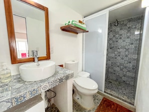 A bathroom with a sink, toilet, and shower. - Pinky Playa Salchi Valentina (San Pedro Pochutla)