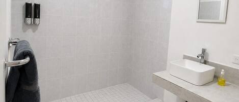Hair dryer, towels, soap, toilet paper