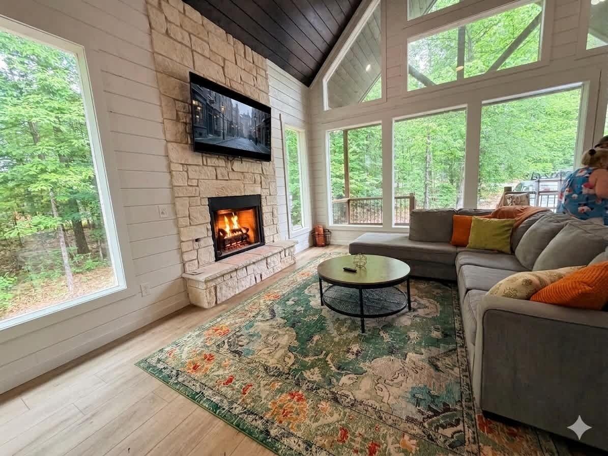 A living room with a fireplace, a sofa, and large windows.