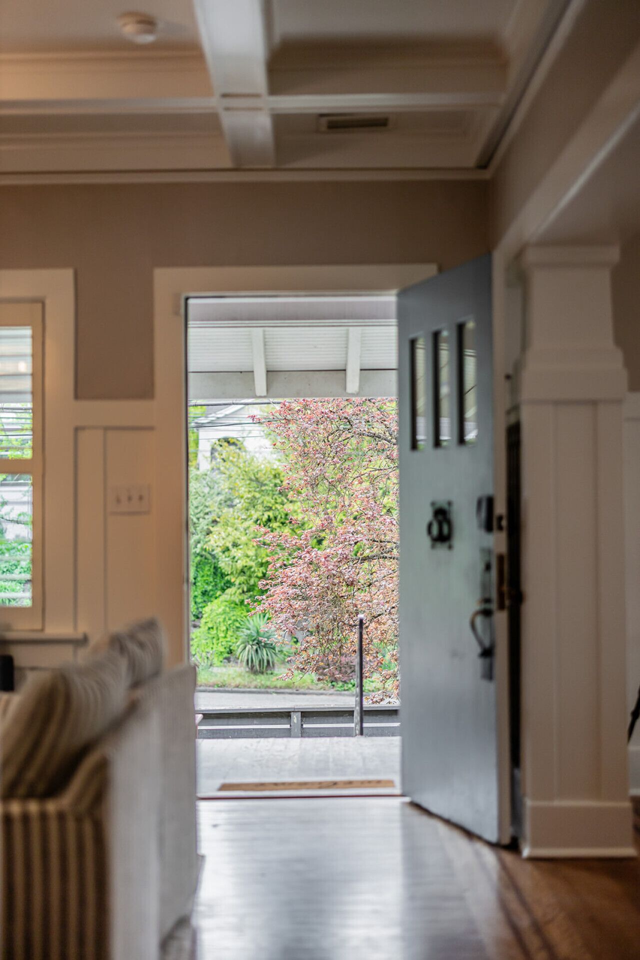 A room with a view of a garden through a door.