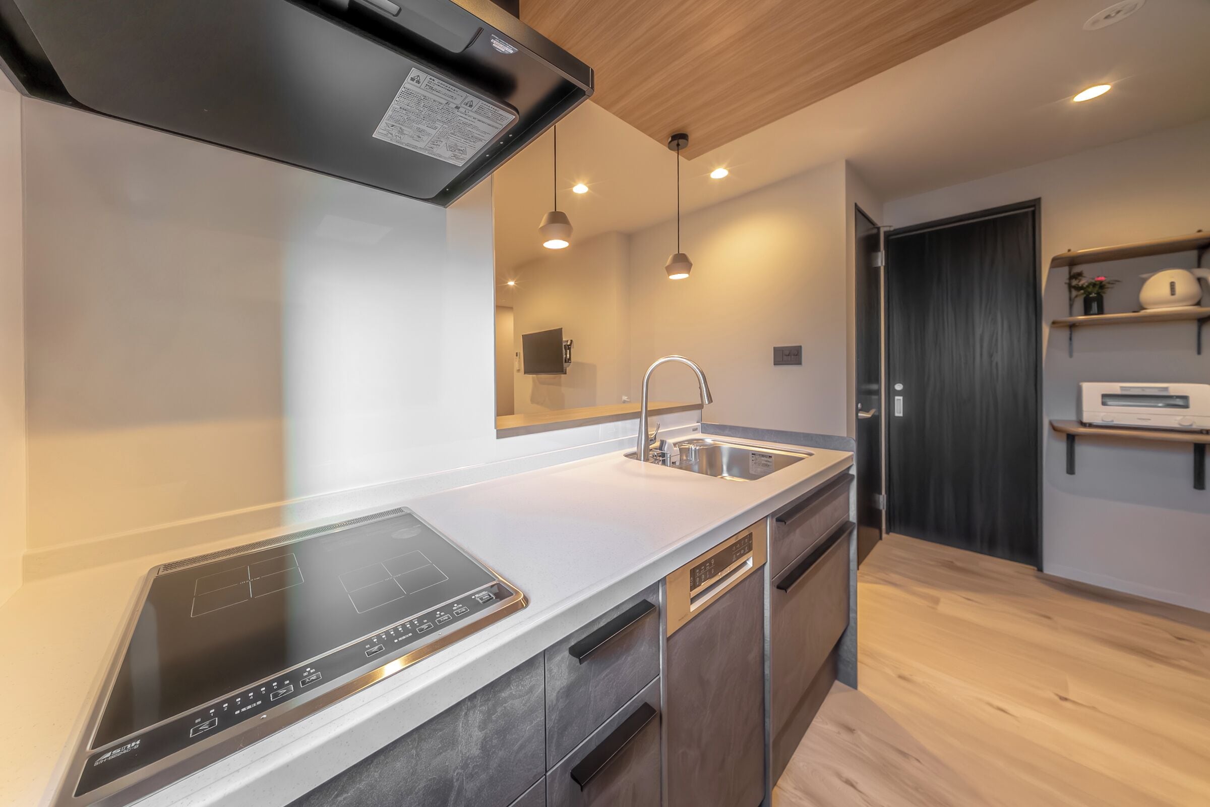 A modern kitchen with a built-in induction cooktop, a dishwasher, and a sleek countertop.
