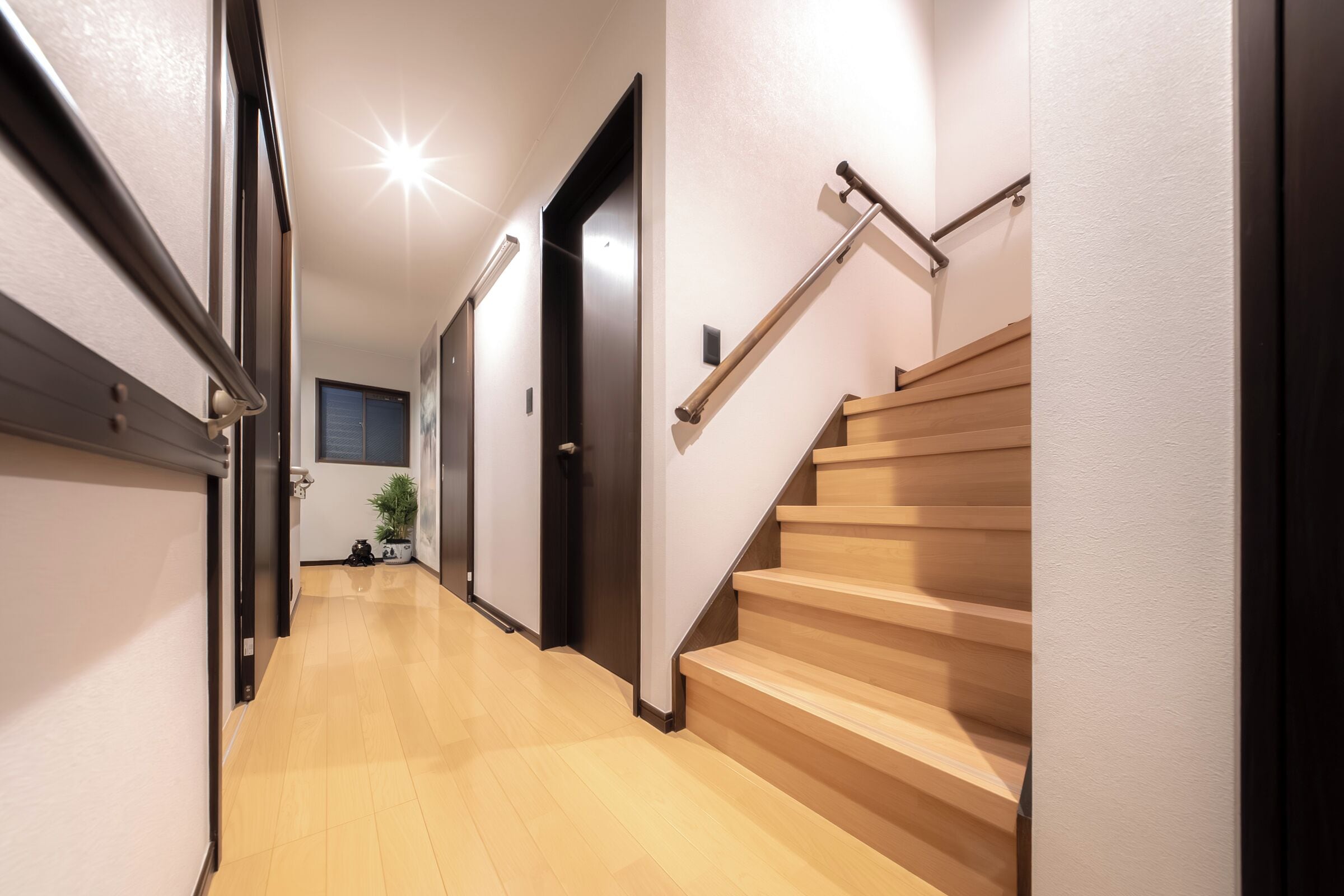 Un pasillo con una escalera de madera, una puerta y una planta en maceta.