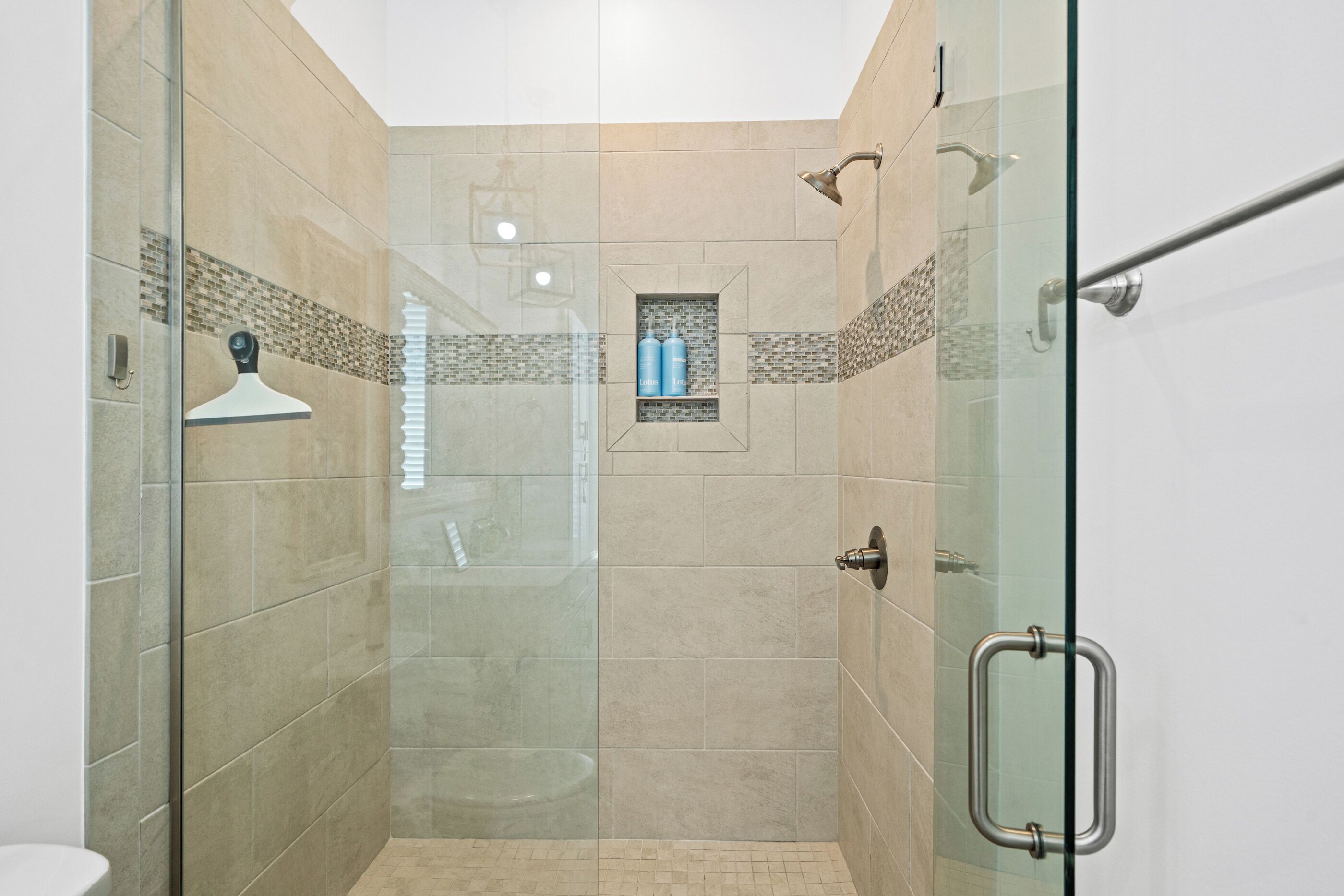 A glass-enclosed shower stall with a handheld showerhead, a glass door with a metal handle, and a small shelf with two bottles.