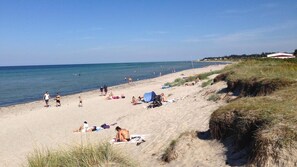 Ein Strand mit sonnenbadenden Menschen, einem sandigen Ufer und einer grasbewachsenen Düne.