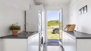 Eine moderne Küche mit eingebauter Waschmaschine, einem Topf mit Pflanze und Blick auf ein Auto draußen.
