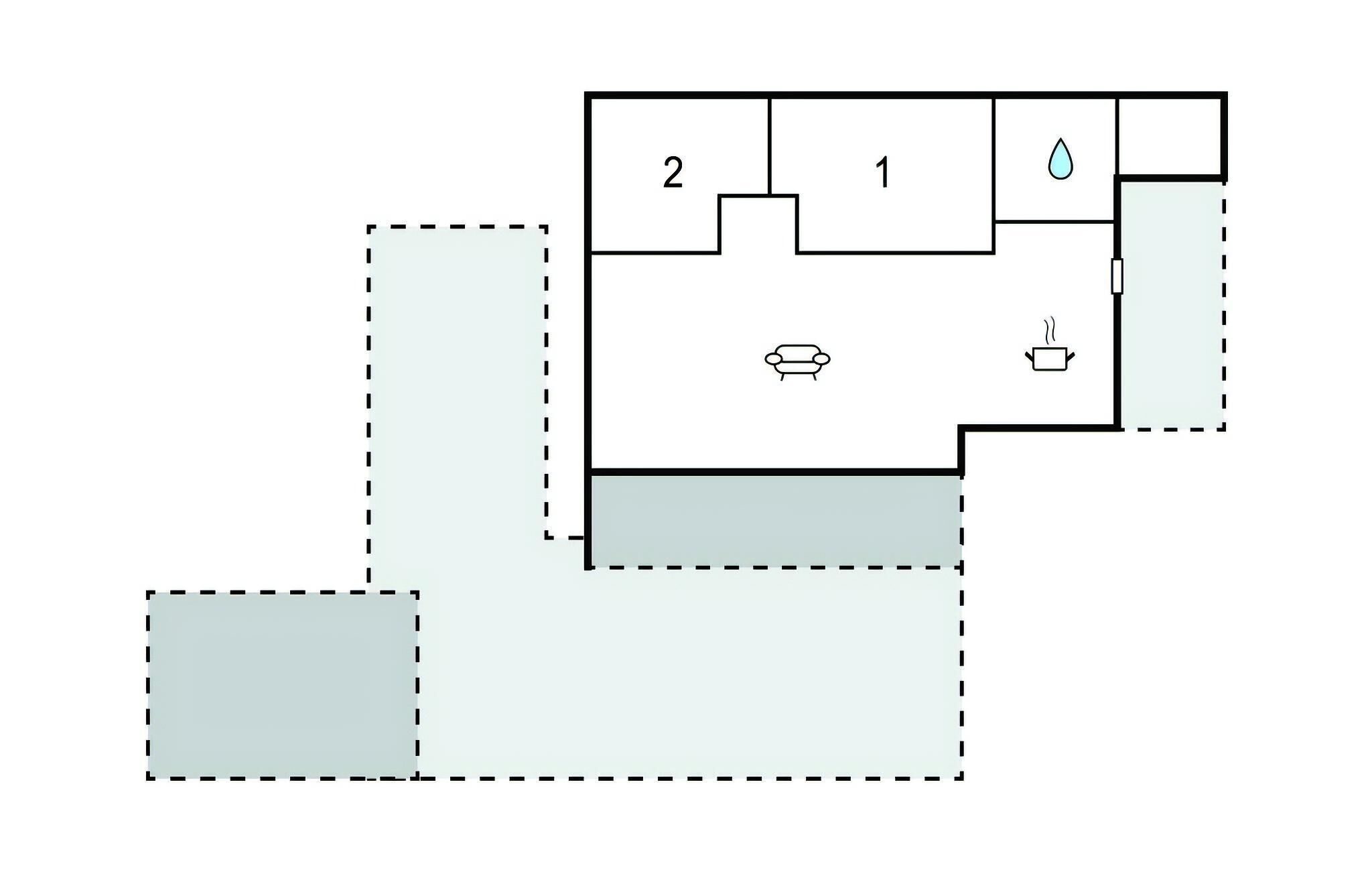 Ein Grundriss mit zwei Zimmern, einem Badezimmer und einer Küchenzeile.