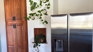 Une cuisine avec des meubles en bois, un réfrigérateur en acier inoxydable et une plante fixée au mur.
