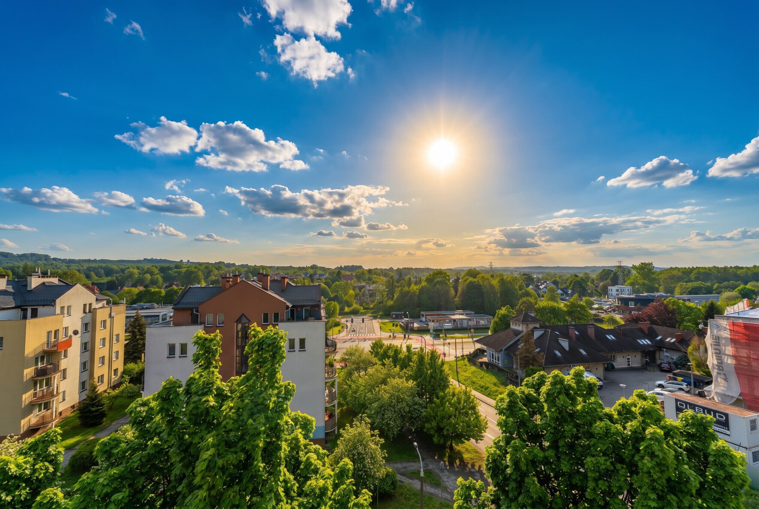 Ein Wohngebiet mit mehrstöckigen Gebäuden, blauem Himmel und strahlender Sonne.