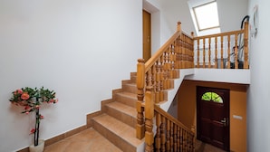 A staircase with wooden balusters, a potted plant, and a door with a window.