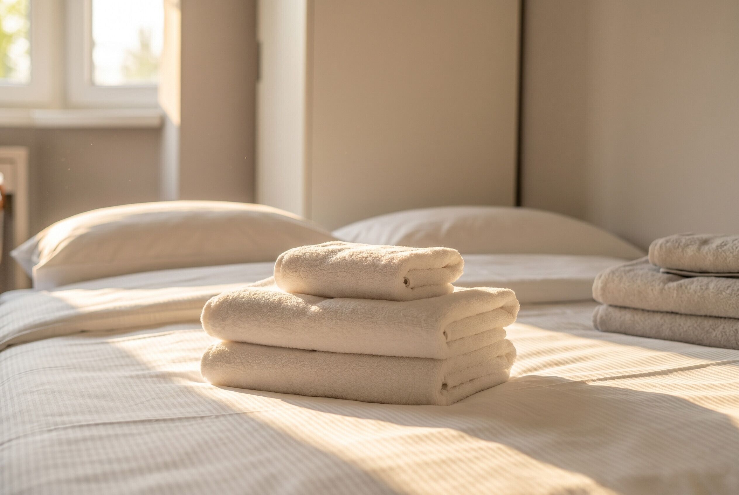 Een net opgemaakt bed met handdoeken en kussens.