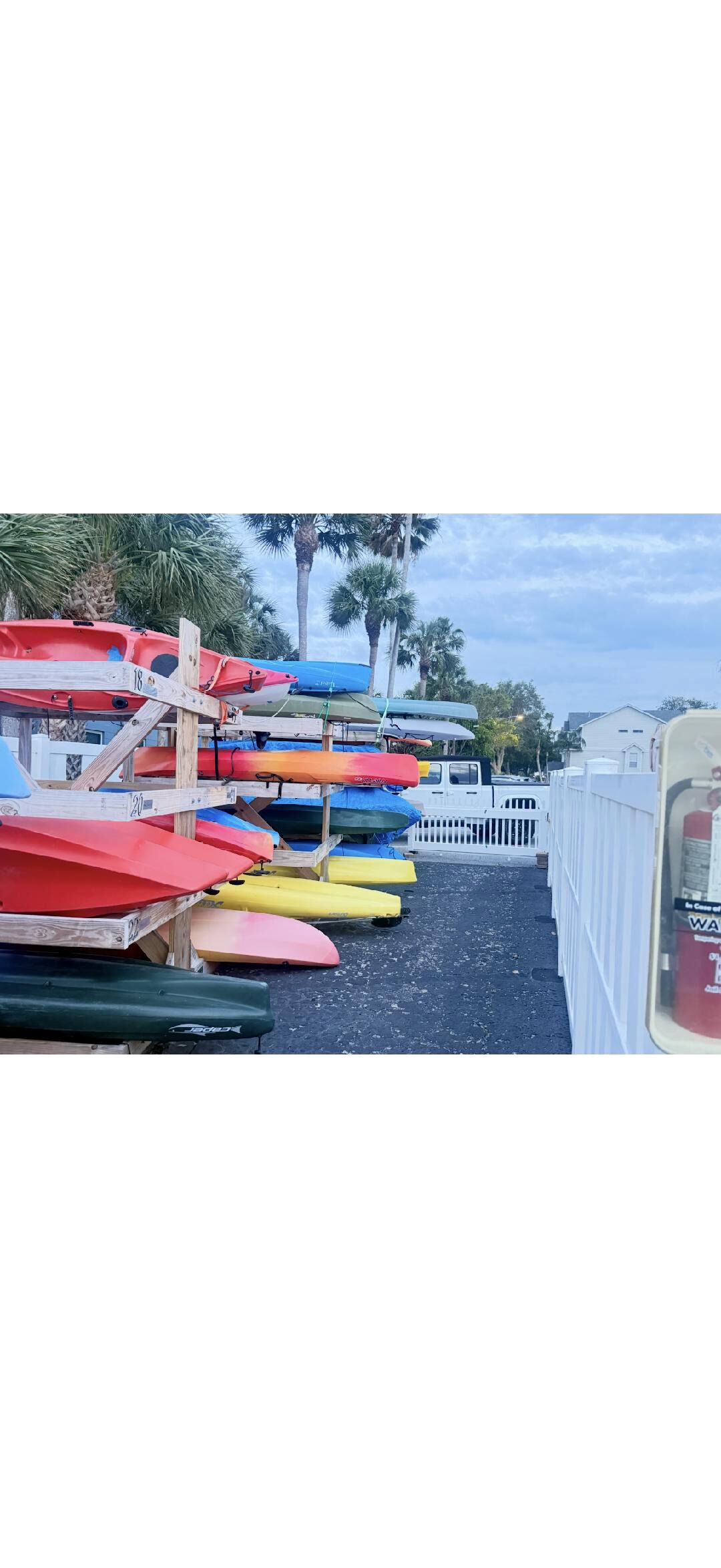 A row of kayaks lined up against a white fence, with a palm tree and a building in the background.