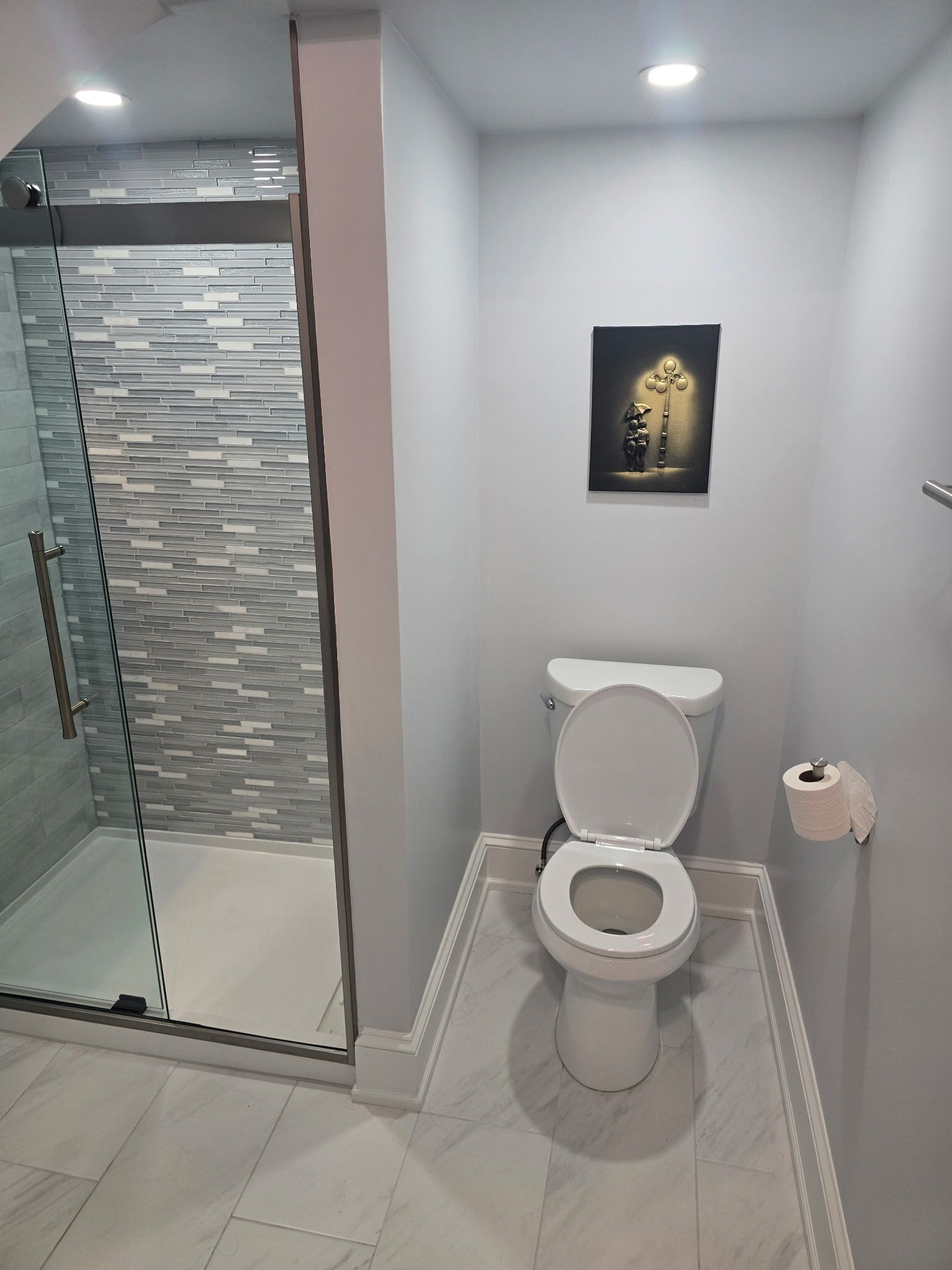 Hair dryer, towels, soap, toilet paper