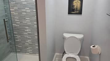 Hair dryer, towels, soap, toilet paper