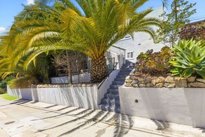 Ein Wohnhaus mit einer Treppe, die zu einem weißen Haus führt, umgeben von einem Garten mit Palmen und anderen Pflanzen.