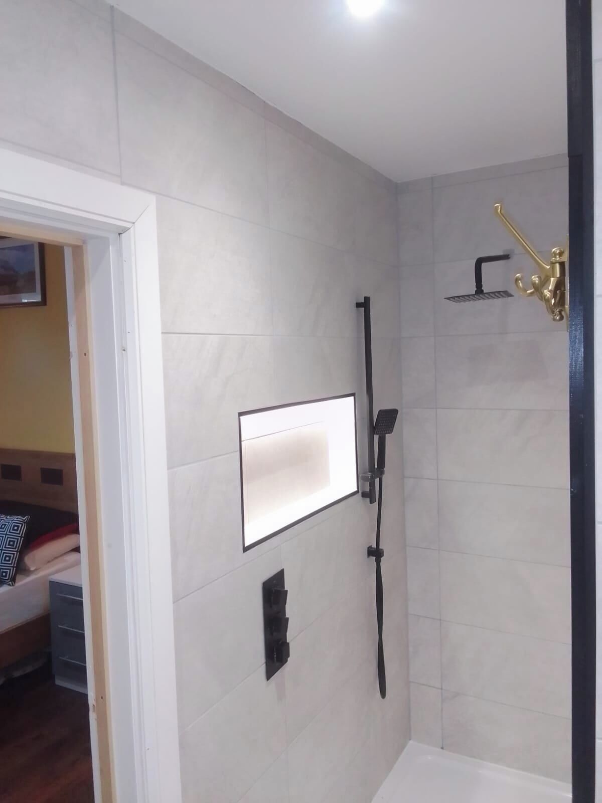 Shower, hair dryer, towels