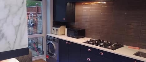 Fridge, microwave, toaster, high chair