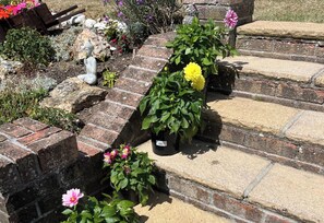 Eine Steintreppe mit Kübelpflanzen und Blumen.