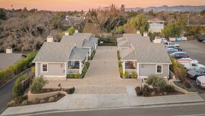 A row of single-story houses with a central driveway leading to a parking area.