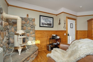 A cozy room with a stone fireplace, wooden walls, a framed picture, and a door.