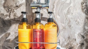 Drei Flaschen Badesiegel, Shampoo und Spülung auf einem Ablagefach.