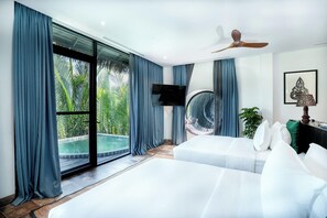 A hotel room with a large sliding glass door to a pool, a ceiling fan, a mounted TV, and a bed with white bedding. - Rivertree Villa and Resort (Kampot)
