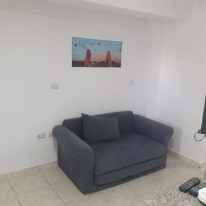 Una stanza con un divano grigio, un quadro che raffigura un paesaggio desertico e un mobile porta TV con telecomandi.