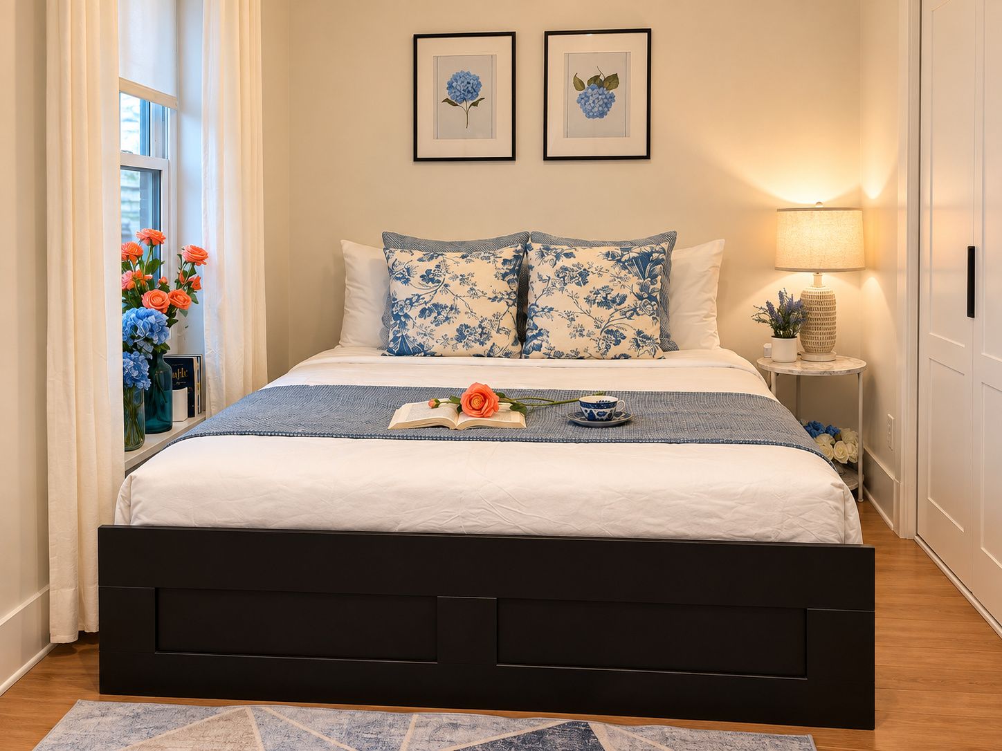 Una cama bien tendida con cubrecama azul y blanco estampado floral, cabecera negra y mesita de noche con lámpara.