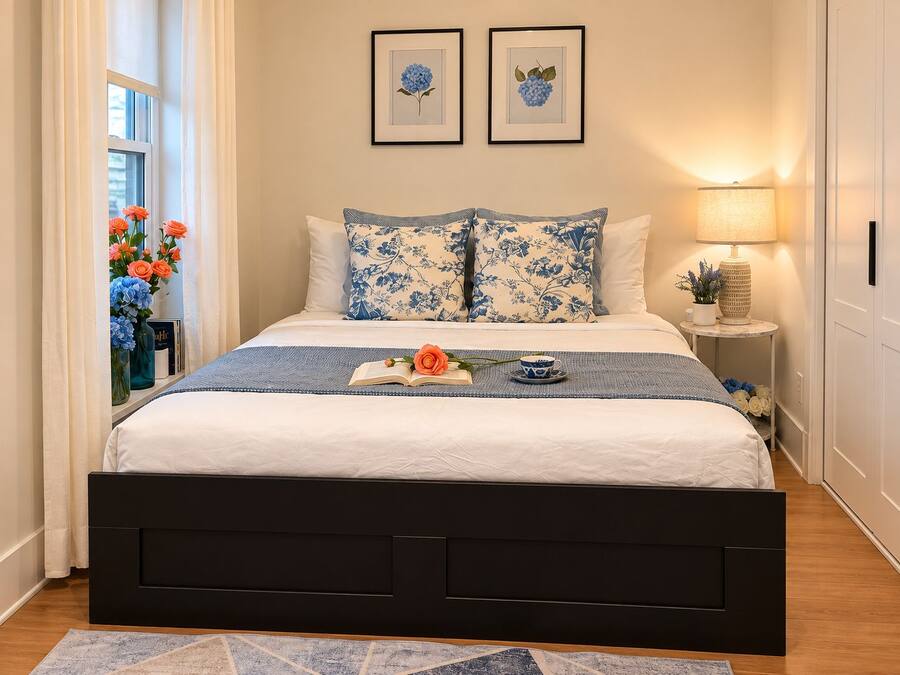 Una cama bien tendida con cubrecama azul y blanco estampado floral, cabecera negra y mesita de noche con lámpara.